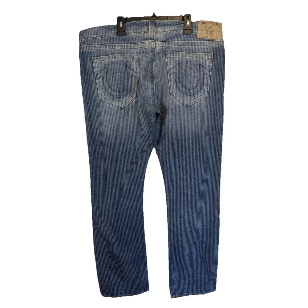 TRUE RELIGION Jeans Mens 44X33 Med Blue Wash Geno Pinstripe Straight Leg